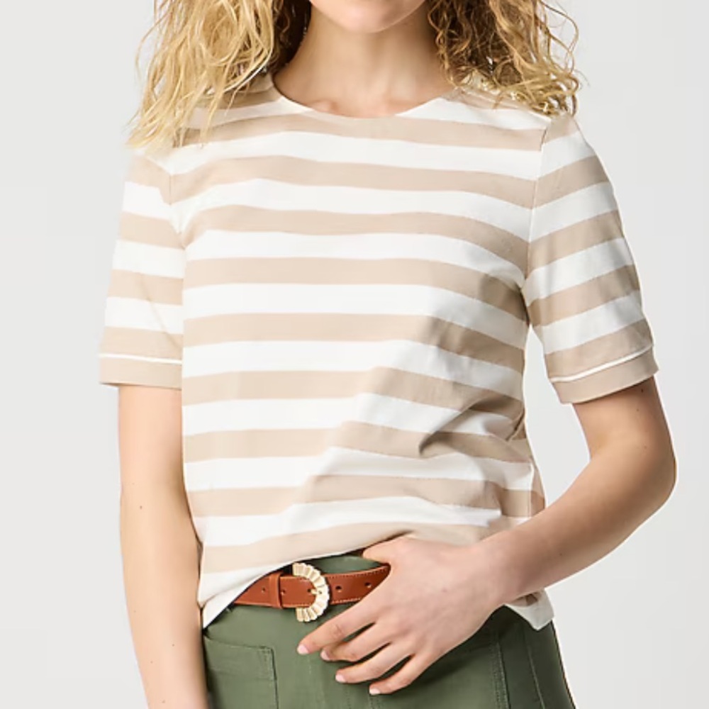 J. Crew Tan and White Striped Top with Gold Buttons